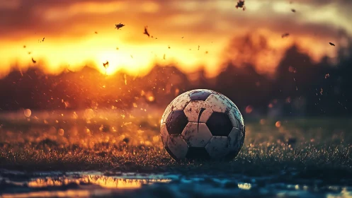 Weathered soccer ball on wet field at vivid sunset.