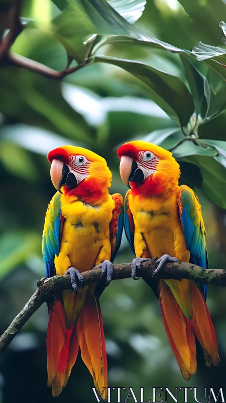 Twin scarlet macaws perched in lush tropical foliage.