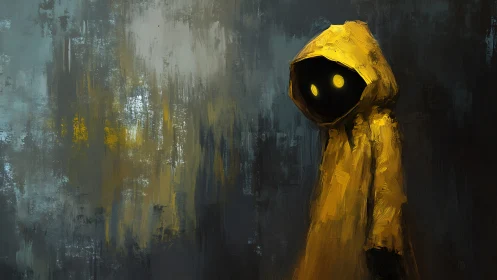 Hooded glow wanderer in dripping midnight hallway haze.