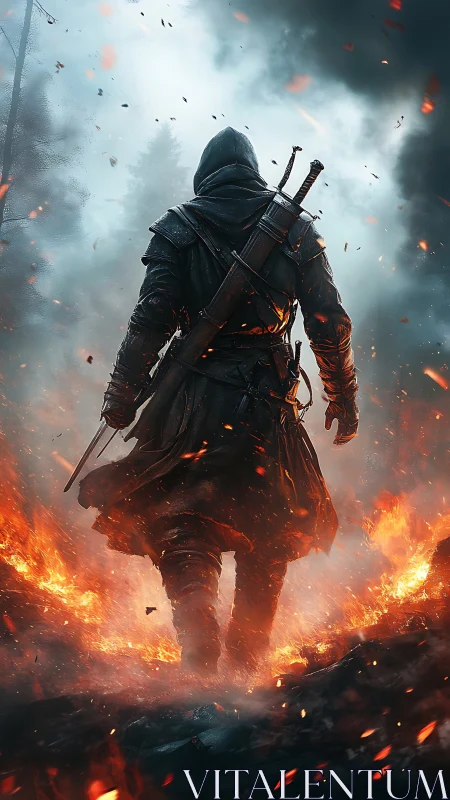 Hooded warrior walks through burning ground in forest