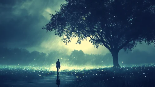 Solitary figure under stormlit tree in glowing meadow.