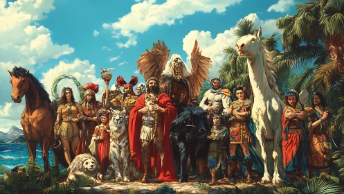 Epic fantasy heroes and mythical beasts gather in unity.