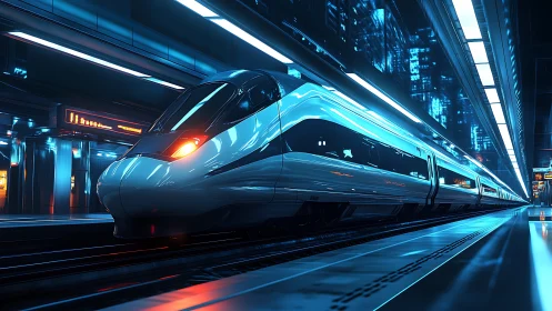 High speed train in illuminated futuristic station at night.