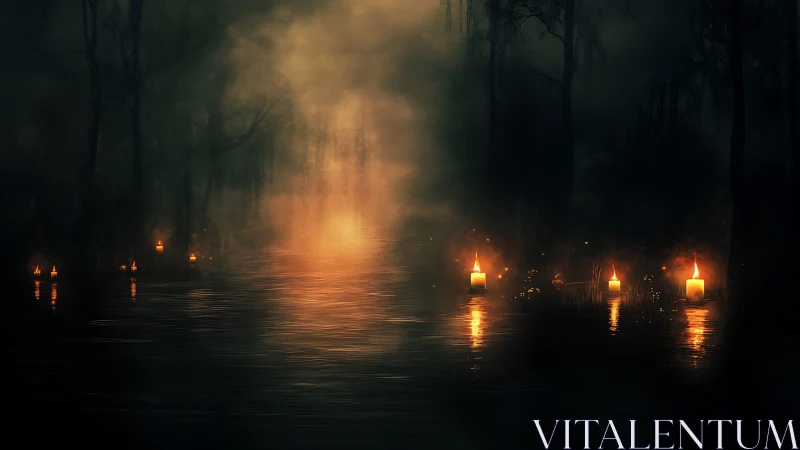 Candlelit mist over nocturnal swamp water with dense fog veil