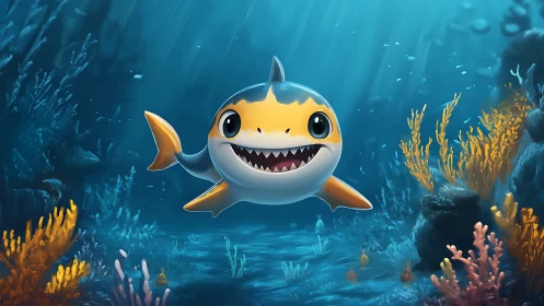 Cute cartoon shark swimming through colorful coral reef.