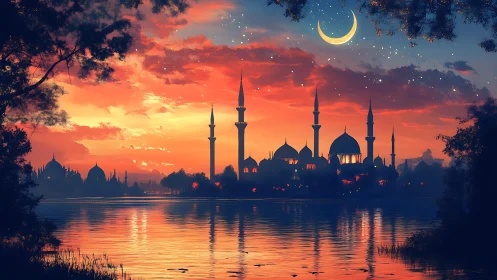 Crescent moon glows above silhouetted riverside mosque cityscape