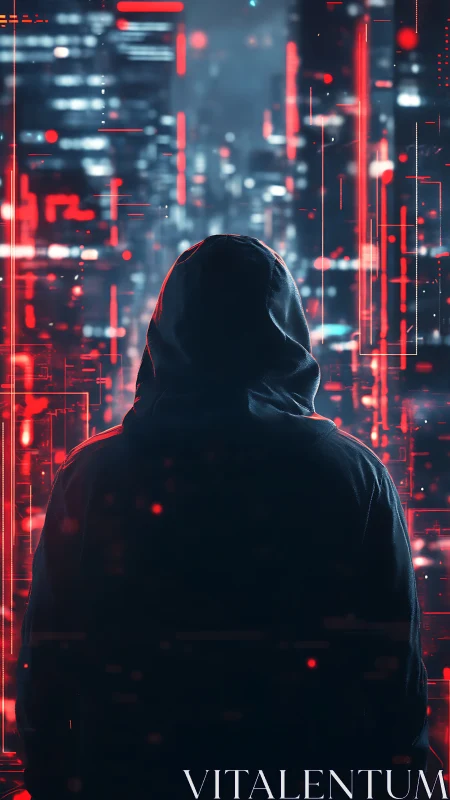 Hooded wanderer in neon code city, quietly watching.