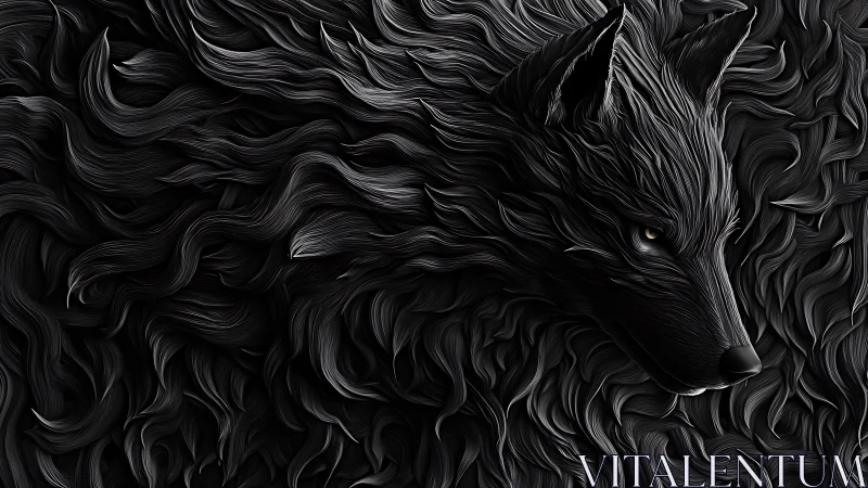 Sculpted black wolf portrait uses flowing fur as abstract field
