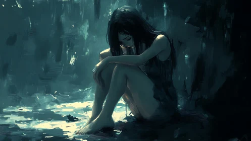 Solitary seated figure in dark blue abstract interior space.