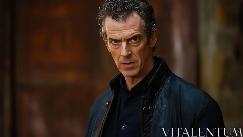 Intense man in dark jacket against warm blurred background