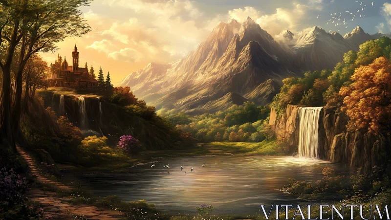 Sunlit valley of waterfalls, quiet castle, and distant peaks.