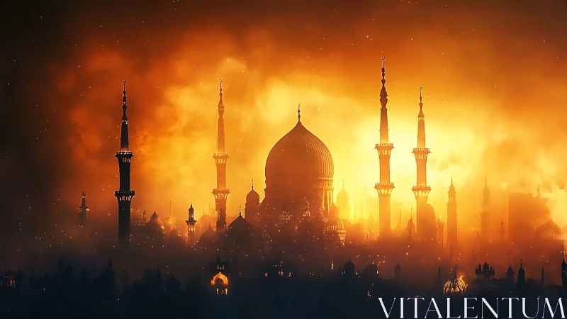 Ember-wreathed domes whisper twilight prayers in firelit haze