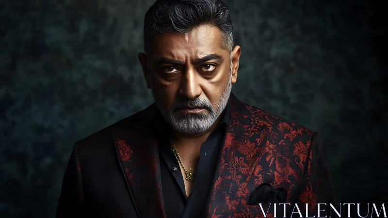 Intense older man in red patterned jacket meets your steady gaze