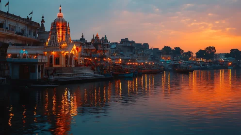 Riverside temple architecture illuminated against a saturated sunset