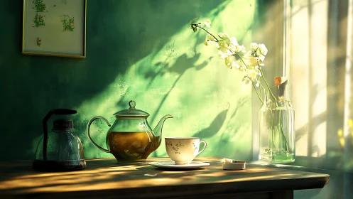 Sunlit green wall serenading a glass teapot’s quiet steam.