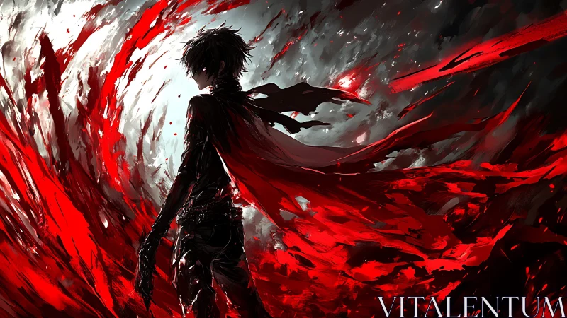 Silhouetted warrior amid swirling crimson energy storm.