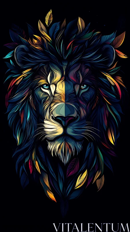 Symmetrical lion portrait employs multicolored vector stylization