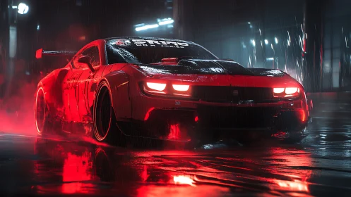Red muscle car drifting through neon rain-soaked city streets.