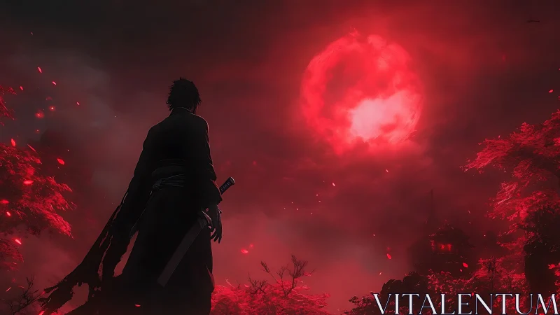 Swordsman beneath the burning crimson moonlit sky.