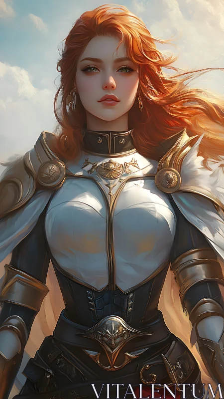 Armored red-haired paladin rendered in high-fidelity digital painting