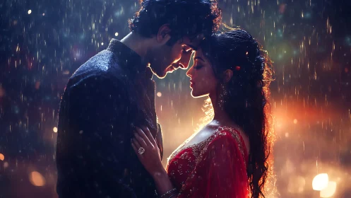 Rainy Embrace: Neon-Lit Romance in the Downpour.