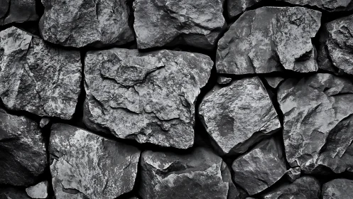 Grayscale macro study of interlocking quarried stone masonry.