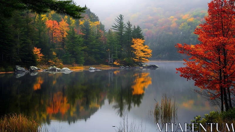 Autumn forest lake with calm water reflection and misty hills.