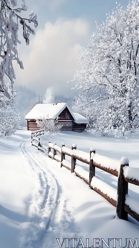 Snow-dusted forest cabin cradled in hush of winter silence.