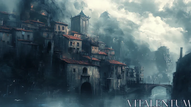 Storm-soaked cliff city broods beneath a restless, silver sky