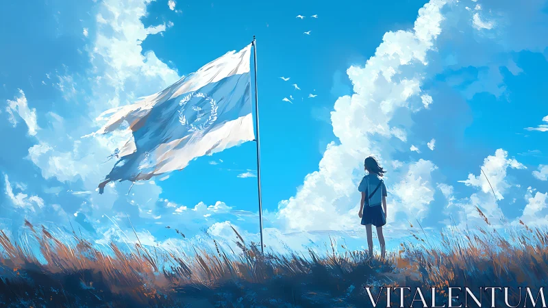 Girl facing large white flag under wide blue sky.