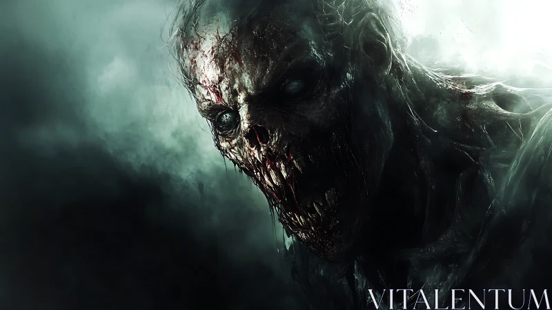 Haunting undead creature emerging through swirling fog.