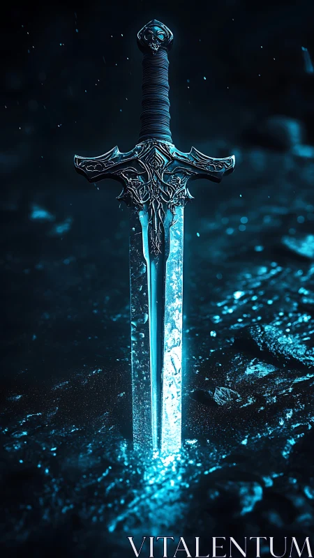 Glowing enchanted sword resting in a quiet, moonlit pool.