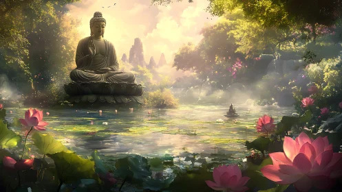 Serene Buddha statue overlooks a misty lotus forest pond.
