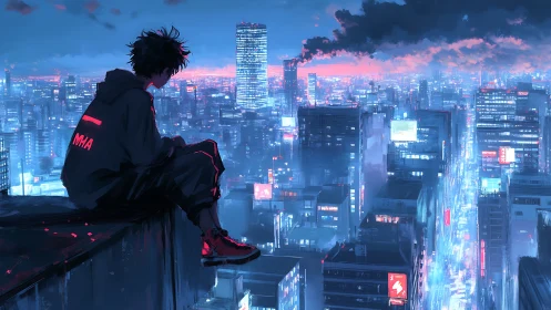 Nocturnal rooftop observer above neon-saturated megacity grid.