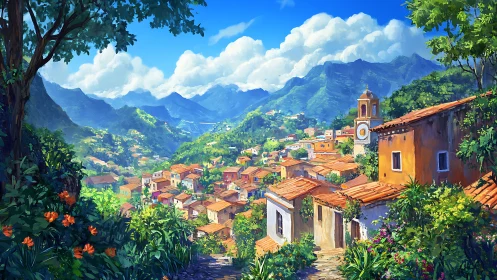 Hillside village landscape is depicted under clear daylight