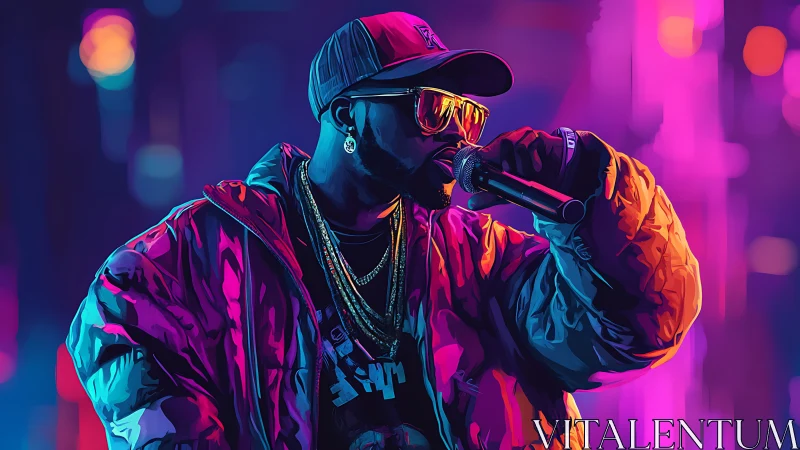 Neon-drenched rapper commands a glowing cyber stage.