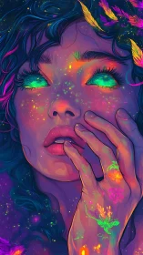 Neon-dream gaze with cosmic florals and glowing skin tones.