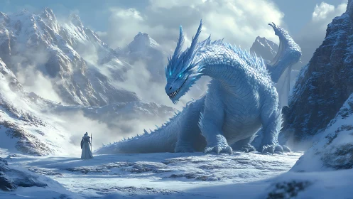 Frostbound dragon and wanderer sharing a quiet mountain truce.