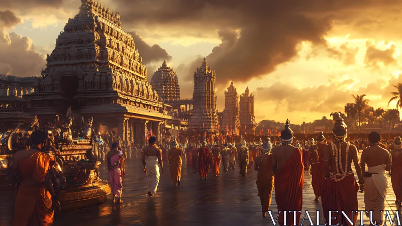 Golden temple procession glows beneath a dramatic evening sky
