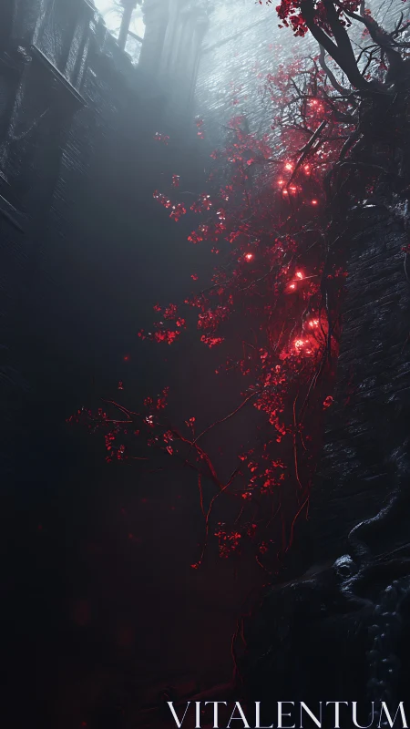 Luminous crimson vines in foggy gothic stone chasm at dusk.