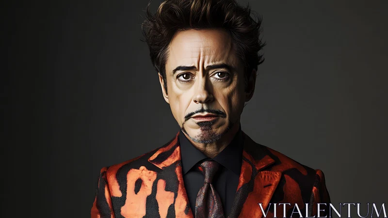 Stylized male portrait in patterned red suit on dark ground.