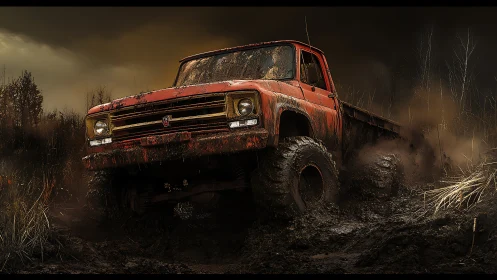 Old red off-road truck driving through deep forest mud.