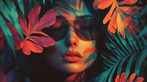 Neon-lit female portrait with sunglasses amid tropical foliage
