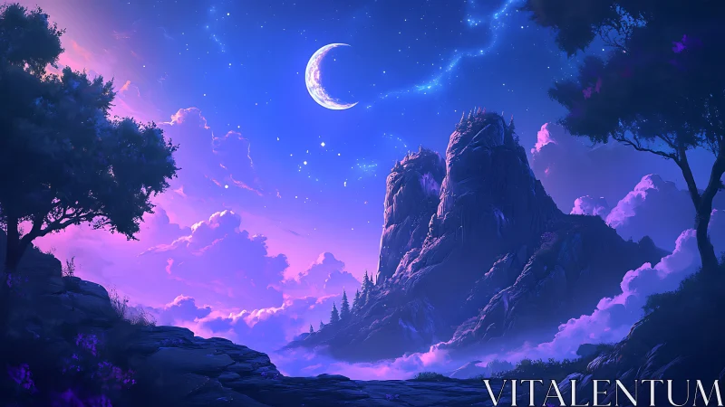 Lunar-lit violet mountains under radiant twilight sky.