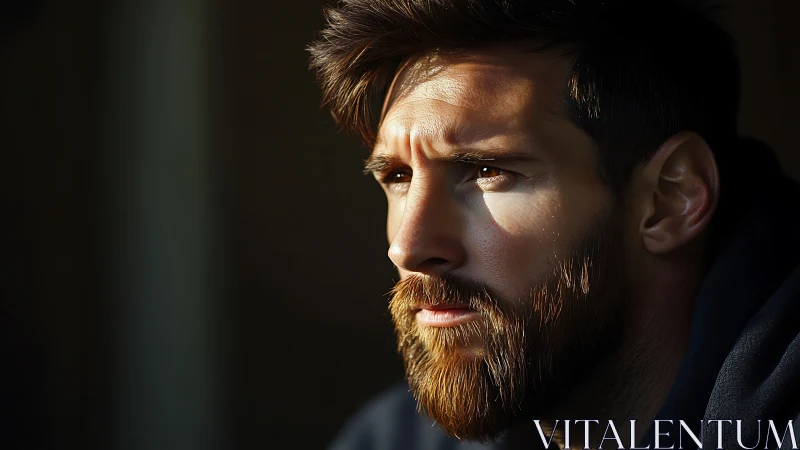 Side-lit bearded male portrait emphasizes contemplative profile