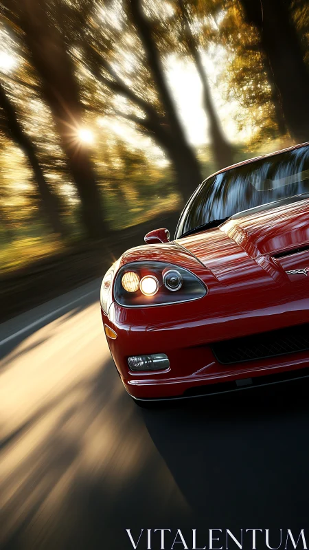 Red sports car cuts through sunlit forest road at speed.