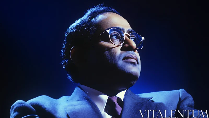 Confident businessman in suit under dramatic blue studio light