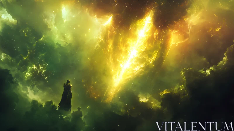 Figure observes luminous cloud fissure within dense nebula