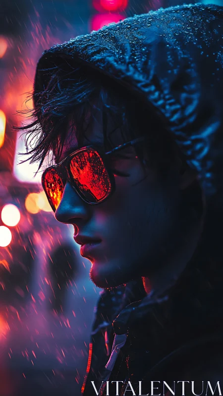 Neon-lit profile captures moody youth in rain-soaked night.