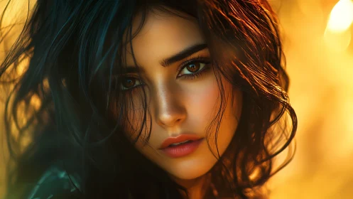 Digital portrait of intense woman in golden backlight.